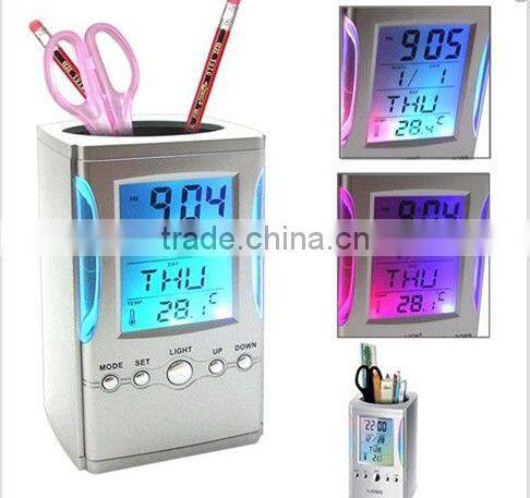 hot sale cheap digital led color change wooden pen holder clock