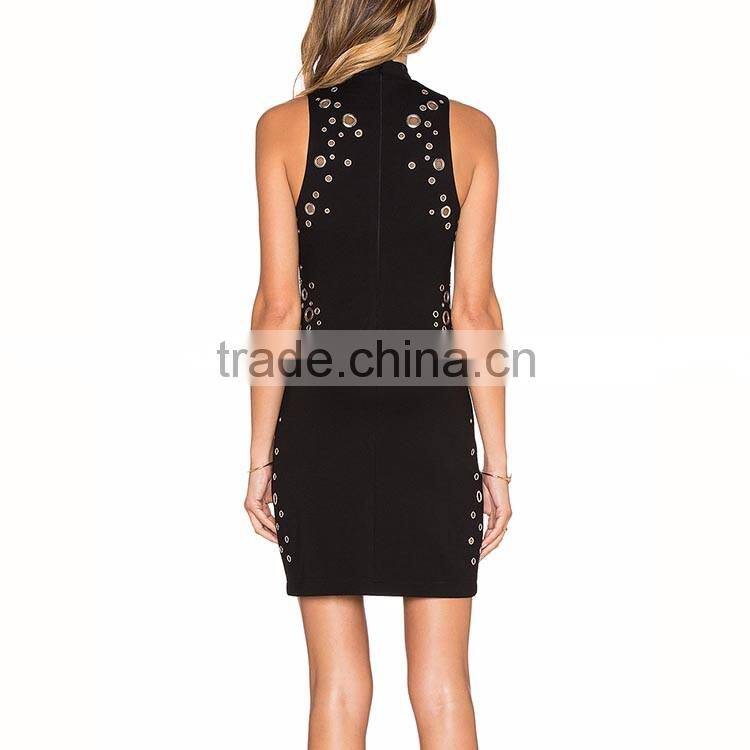Best price woman black elegant sleeveless halter high collar sheath dress