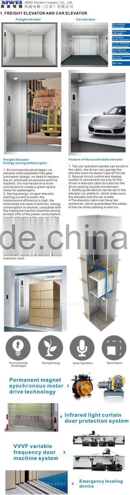 3000kg machine room car elevator with 0.5m/s