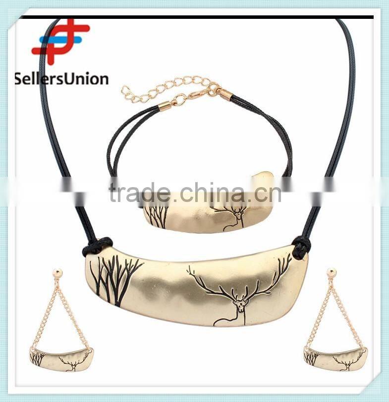No.1 yiwu exporting commission agent wanted pu black long chain necklace/earrings/bracelet jewelery set