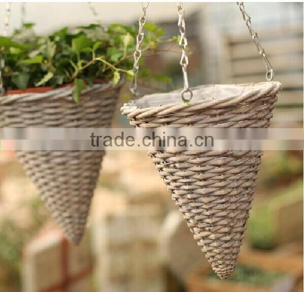 100%Handmade antique wicker decorative indoor flower hanging basket with metal chains