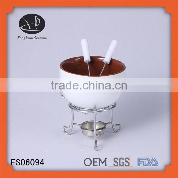 FONDUE SET WITH FORK - Tea Light Porcelain Melting Pot w/ Fondue Dippers,chocolate fondue with iron stand