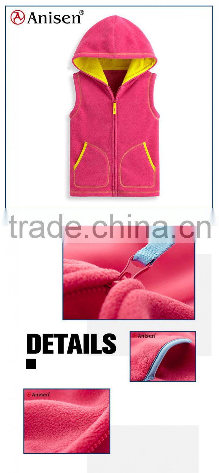 apparel manufacturer custom zipper-up pocket girls polar fleece with hoodies children's vests