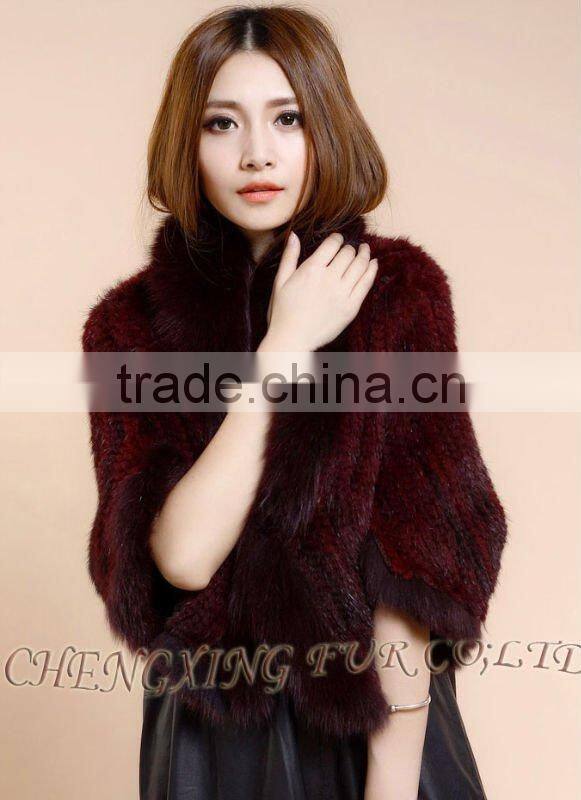 CX-B-M-41C Mink Fur Knitted Ladies Shawl With Fox Fur Trim