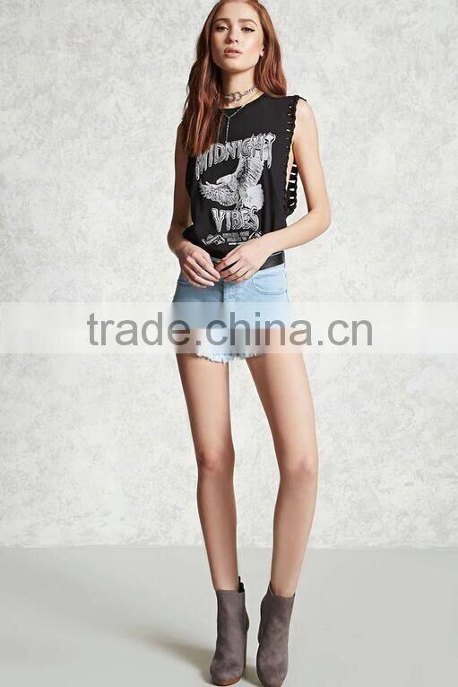 Ladies fashion high waist jeans shorts light blue washed denim shorts