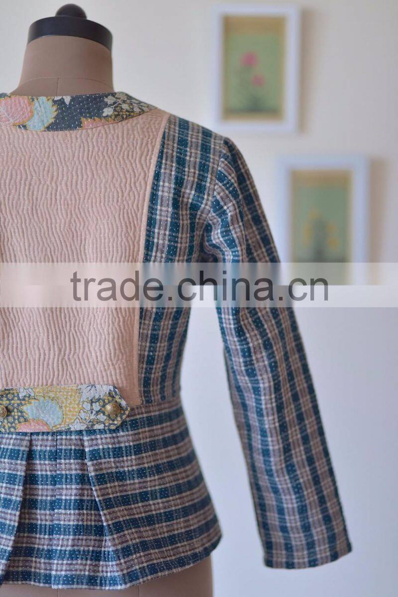 Handmade Boho Kantha Jacket in Plaid Print ~ Medium