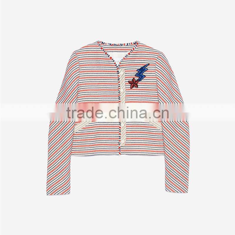 Ladies cotton leisure style striped collarless sequinned patches spring jackets