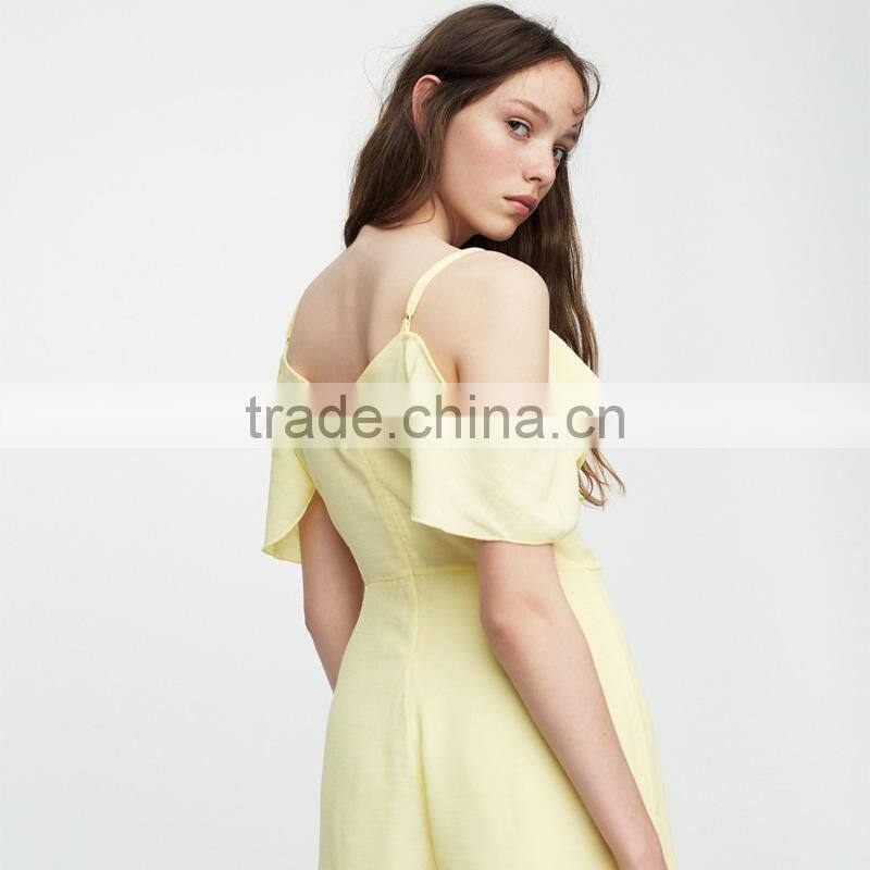 2017 Plain-coloured cut out shoulder sexy V-neck women Ruffled jumpsuit