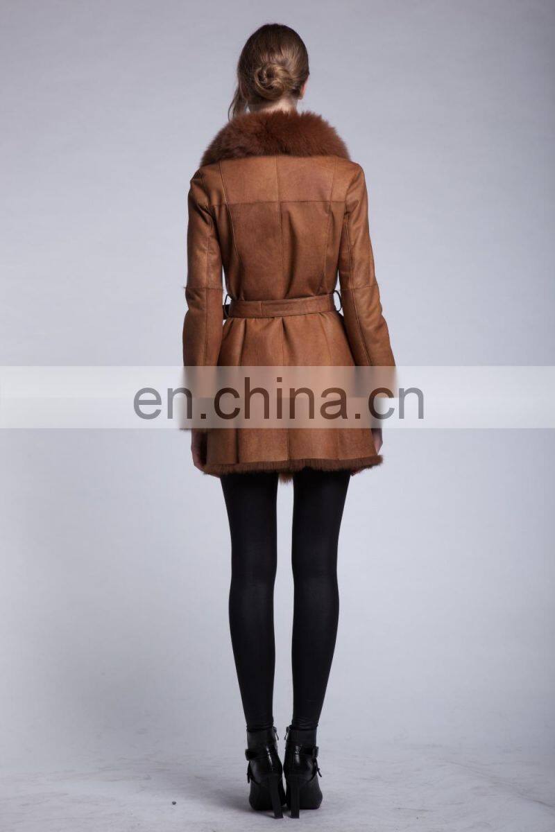 Luxury Fox Fur Trimmed Sheepskin Fur Garment Winter Fox Fur Hood Fur Jacket Bonjovi Original Design DOUBLE FACE Fur Coat