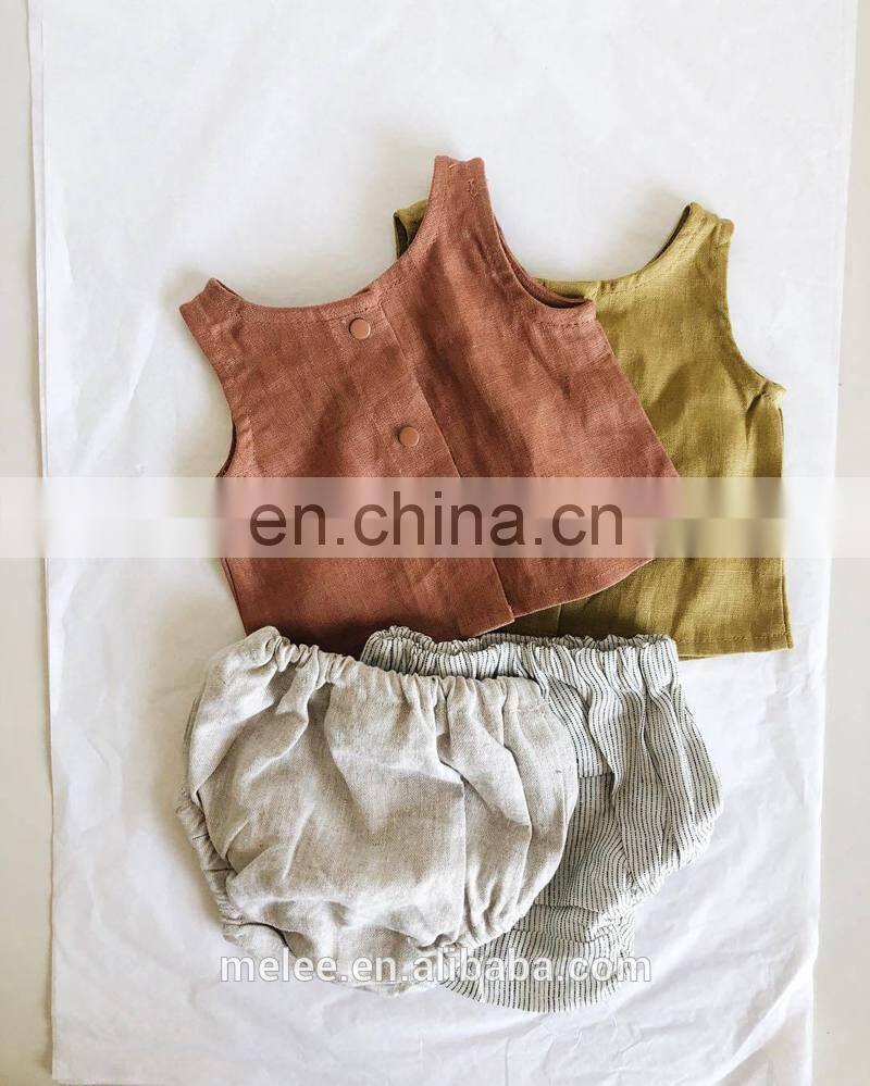 RTS Australia Hot Sale Baby Infant linen 2pcs Set Buttons Vest Tops Solid Bloomers Korean Girls Linen Outfits