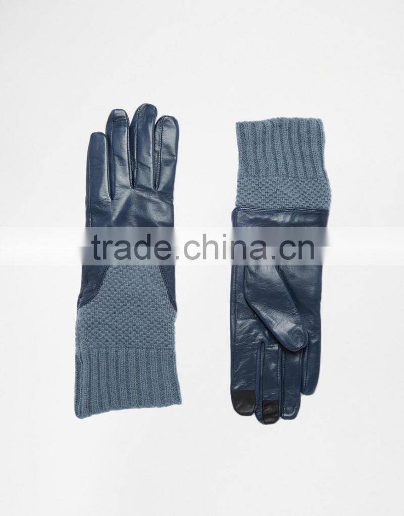 Ladies navy blue leather gloves with long knit cuff touch screen leather gloves