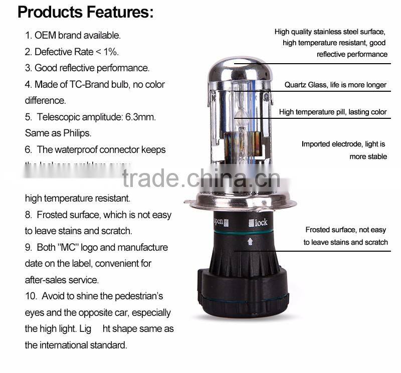 Moderncar China manufacturer 6000k 8000k HID H4 Hi/Lo bulb 35W 12V HID Xenon Bulb
