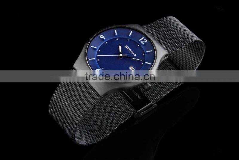 Eco Solar Watches Men's Slim Solar Sapphire Crystal Blue Dial Mesh Strap Watch