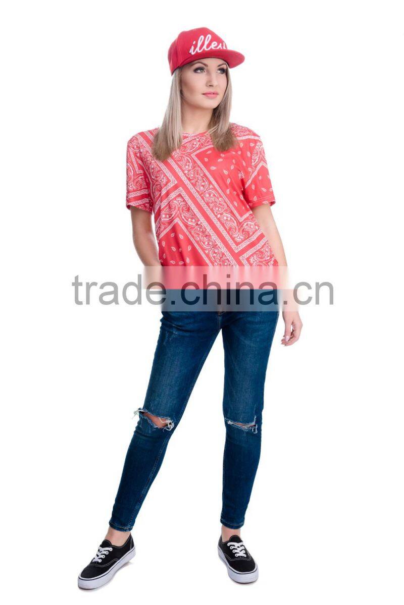 OEM Brand New 3D Print Bandana Red Latest Women Sublimation Printing T-shirt