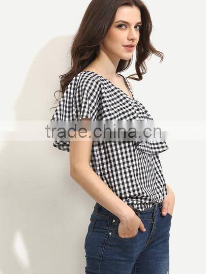 Blouses latest fashion design women clothing Black and White Gingham Ruffle One Sleeve Blouse
