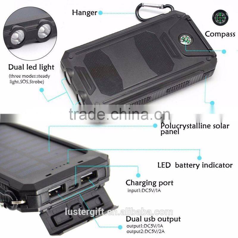 2016 Trending Products 10000mAh Lithium Polymer Battery IP67 Waterproof Solar Power Bank With Flashlight Compass for Outdoor