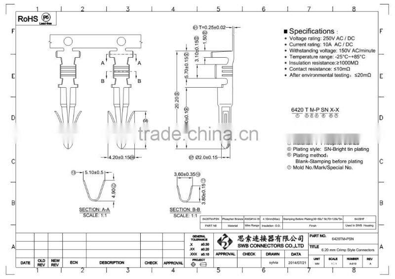 6.20 MM Pitch wire to wire electrical connectors