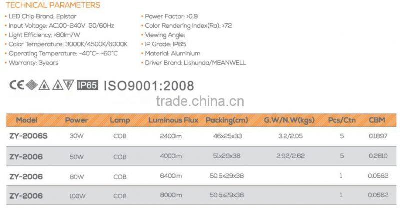 ZY-2006-80W/100W 3 years warranty CE RoHS IP65 High Lumen Outdoor Led flood Light