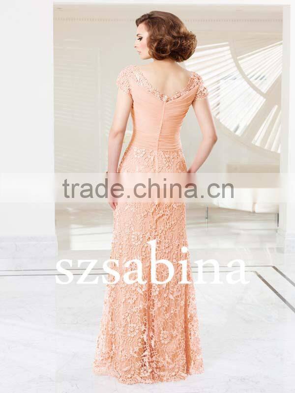 Mo1068 Peach V-neck Lace Appliqued Mother Of The Bride Dresses