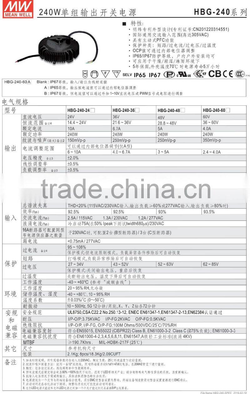 IP65 UFO meanwell waterproof electronic led driver 240w HBG-240 Series