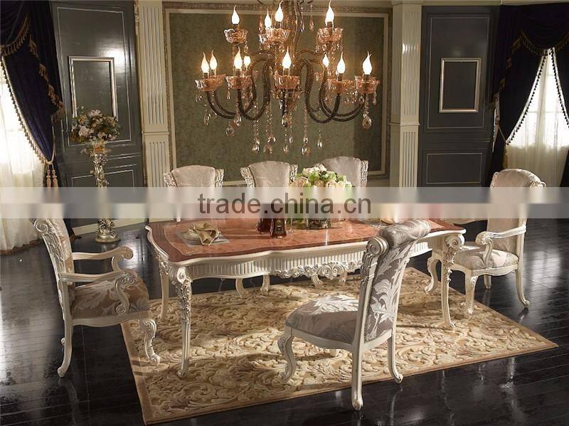 A Very Fine Carved Rectangular Dinner Party Dining Table Set, White Delicate Painting Silver Foil Dining Table Set