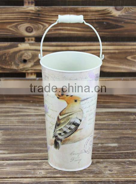 2015 new design paper decal metal bucket with wooden handle wholesale