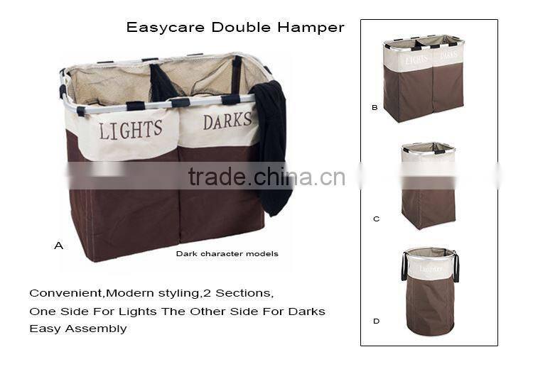 Double Basket Folding Collapsible Laundry Basket With Oxford Fabric, Brown