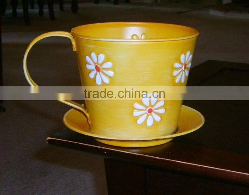 customizedl mug ,Yellow Metal Cup and Saucer Pot Container Planter
