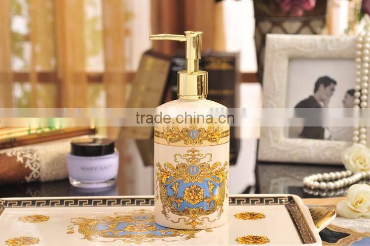 Classic European Baroque Style Ceramic Bath Accessories Set 6 Pcs in Fancy Golden and Blue, Liquid Soap Dispenser BF12-03254h
