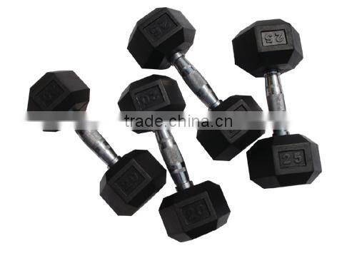 Black rubber dumbbell with steel handle