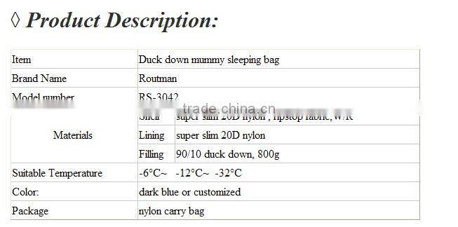Mummy style down sleeping bag for hunting in cold weather