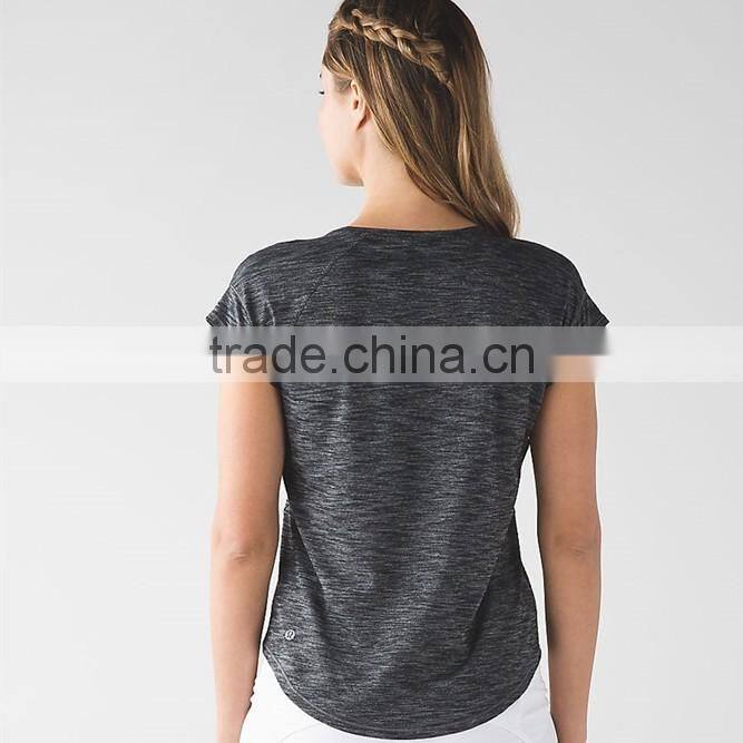 Cheap Wholesale Sports Dry Fit 100% Polyester O Neck T Shirt for Women Heather Grey Curved Hem Short Sleeve T Shirt