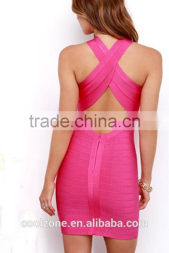 Wholesale halter neck body-con fit fuchsia bandage dress 2015