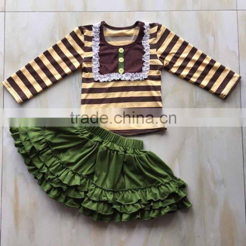 2015 baby long sleeve stripe top with bib and green ruffle skirt new style YW-148