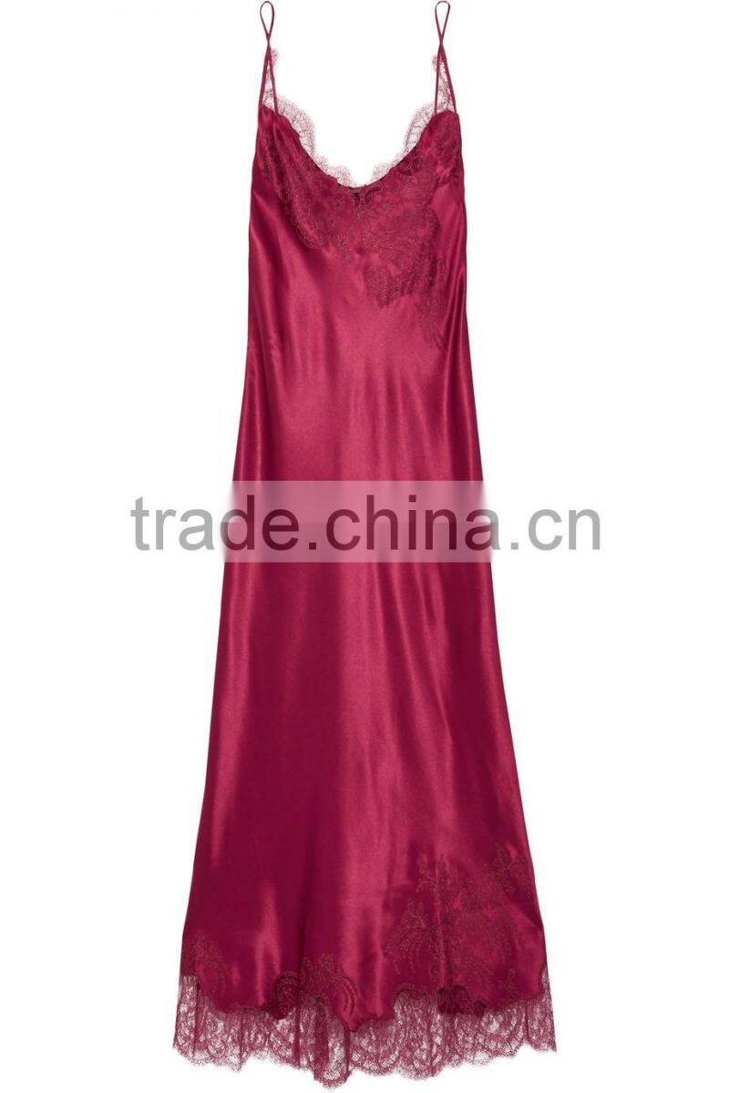 Wholesale Fashionable and Cozy Women Sexy Spaghetti Satin Night Sleepwear with Lace around Hem