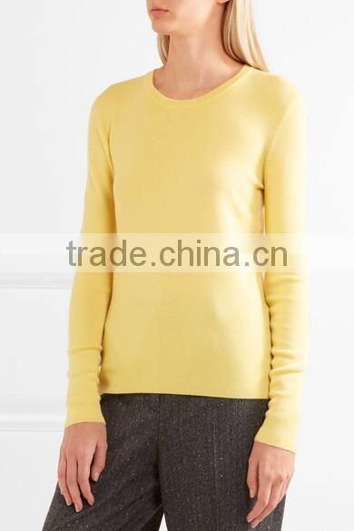 Hot Sale Crew Neck Bright Yellow Silk Blended Cashmere Sweater Women