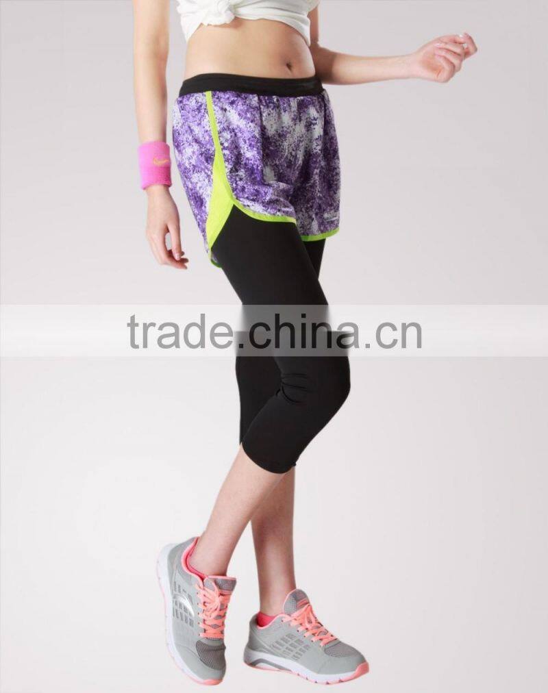 Ladies open-air spring/autumn slim fit fake two-piece 3/4 quick-dry purple mesh running/yoga sports pants