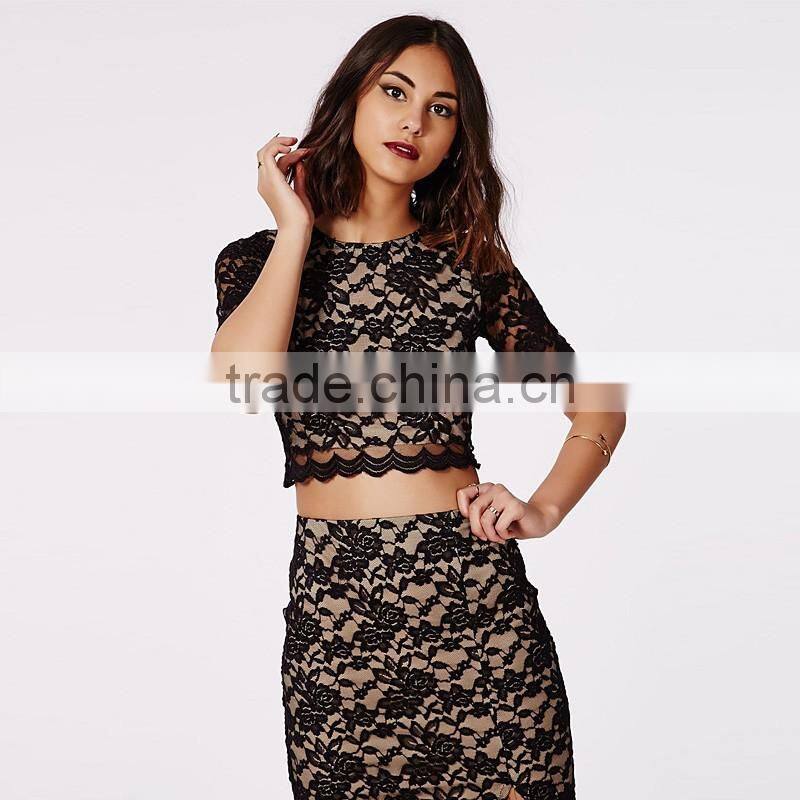 Women's summer rose pattern crop top shirt with slit long skirt suits