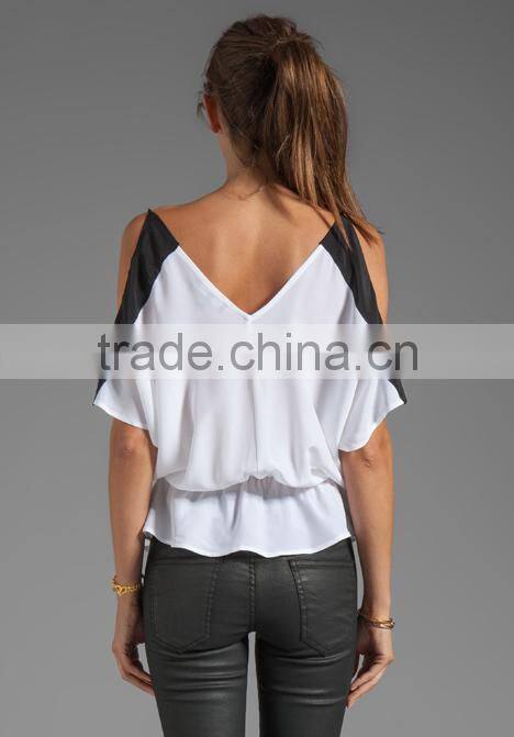 contrast color blocking elastic waist combo top