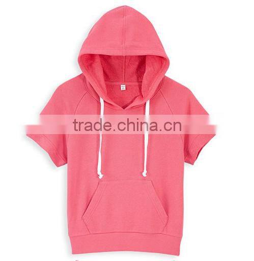 short sleeves pullover pink sweatshirt with hood