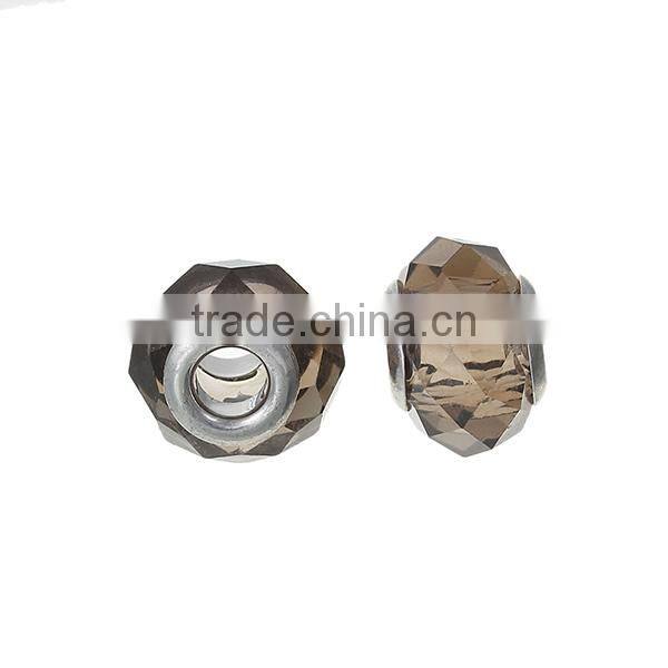 Lampwork Glass European Style Large Hole Beads Round Faceted Coffee Transparent With 304 Stainless Steel Silver Tone Core