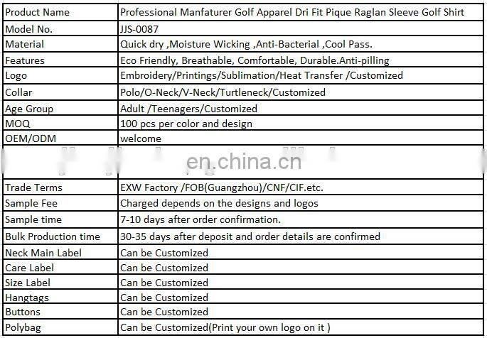 Professional Manfaturer Golf Apparel Dri Fit Pique Raglan Sleeve Golf Shirt