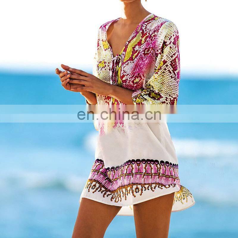 Bathing suit cover ups Kaftan Beach 2019 Beach tunic Beach Cover up Print Snake Robe de Plage Swimwear