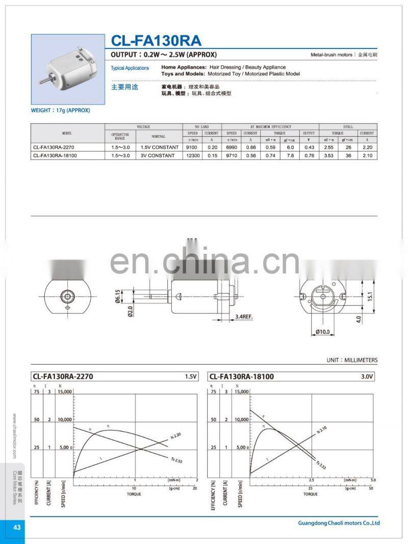 chaoli alarm clock motor CL-FA130 for quartz square clock,RC car toy,USB mini fan and small household electrical appliances