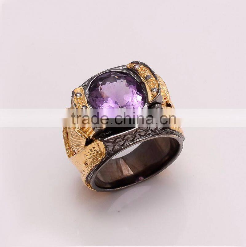 925 SOLID STERLING FINE SILVER AMETHYST RING BLACK & GOLD RHODIUM
