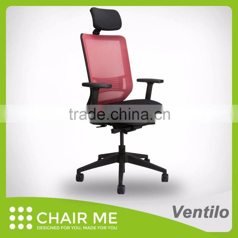 Ventilo office chair, red mesh chair, adjustable headrest, black bracket, adjustable seat, armrest, lumbar, nylon base