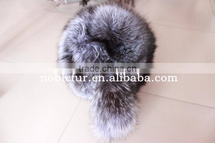 high thickness silver fox fur hat windproof headwear with long tail