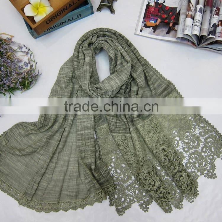 Good Quality Fashion Vintage Flower Embroidery Lace Scarf Cotton Linen Shawl