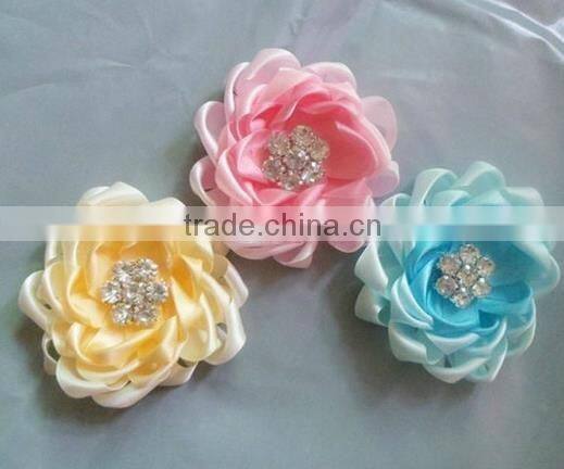 Popular Satin Ribbon Flowers With Rhinestone Center,Handmade Ribbon Hair Flowers