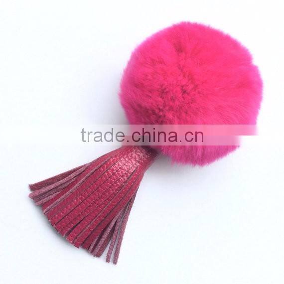 Fuchsia Rabbit Fur bag charm pendant with real leather tassel